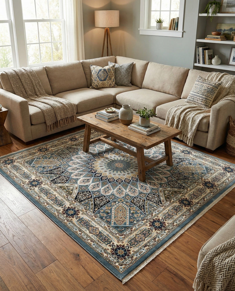 Persian Elegance Collection Area Rug -  Hamedan (Blue) Square Blue  lifestyle 58