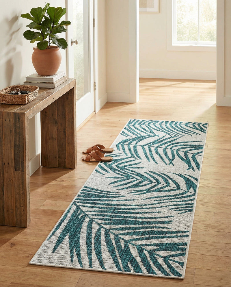 Seaside Blooms Collection Area Rug - Verdure (Teal Ivory) Runner Teal Ivory  lifestyle 26