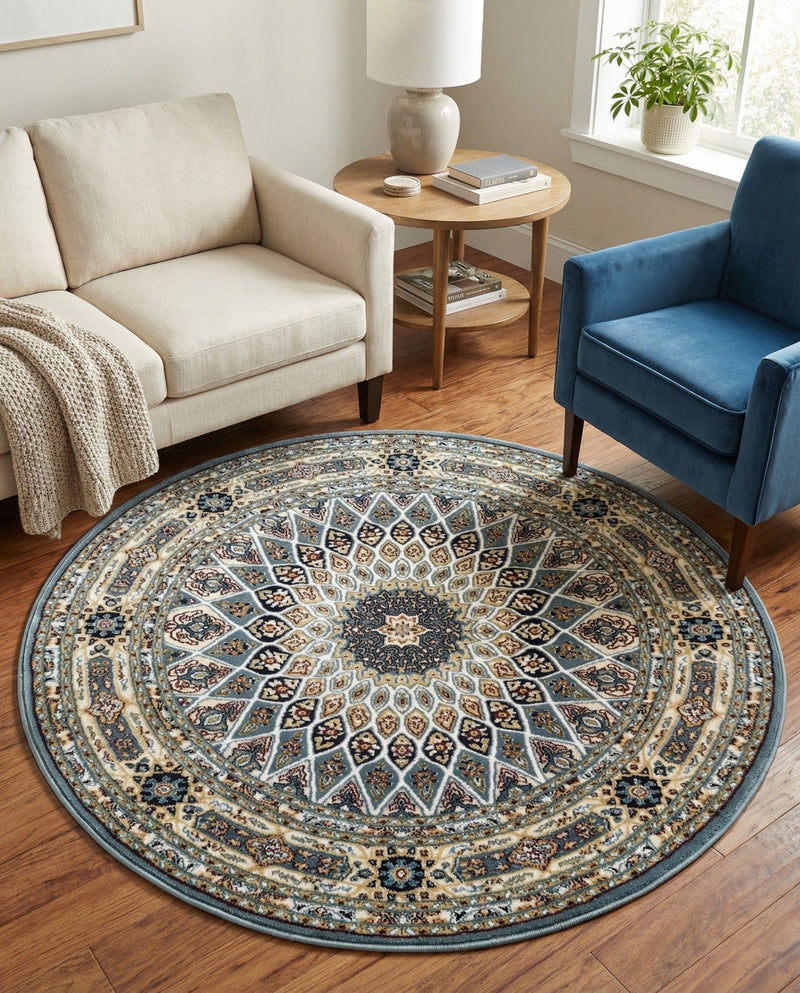 Persian Elegance Collection Area Rug -  Hamedan (Blue) Round Blue  lifestyle 61