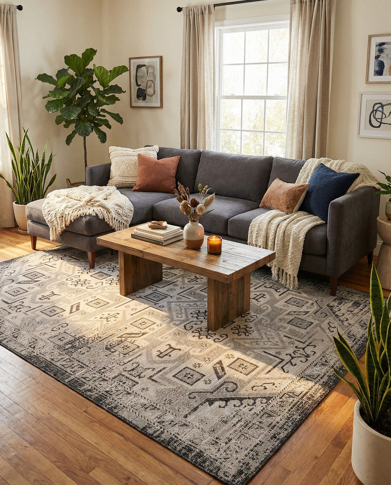 Tribal Terrace Treasures Collection Area Rug - Mayan Marina (Charcoal Gray) Rectangle Charcoal Gray  lifestyle 31