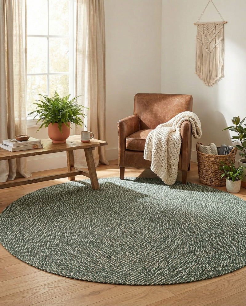 Highland Woven Jute Collection Area Rug - Glenmore (Green) Round Green  lifestyle 21