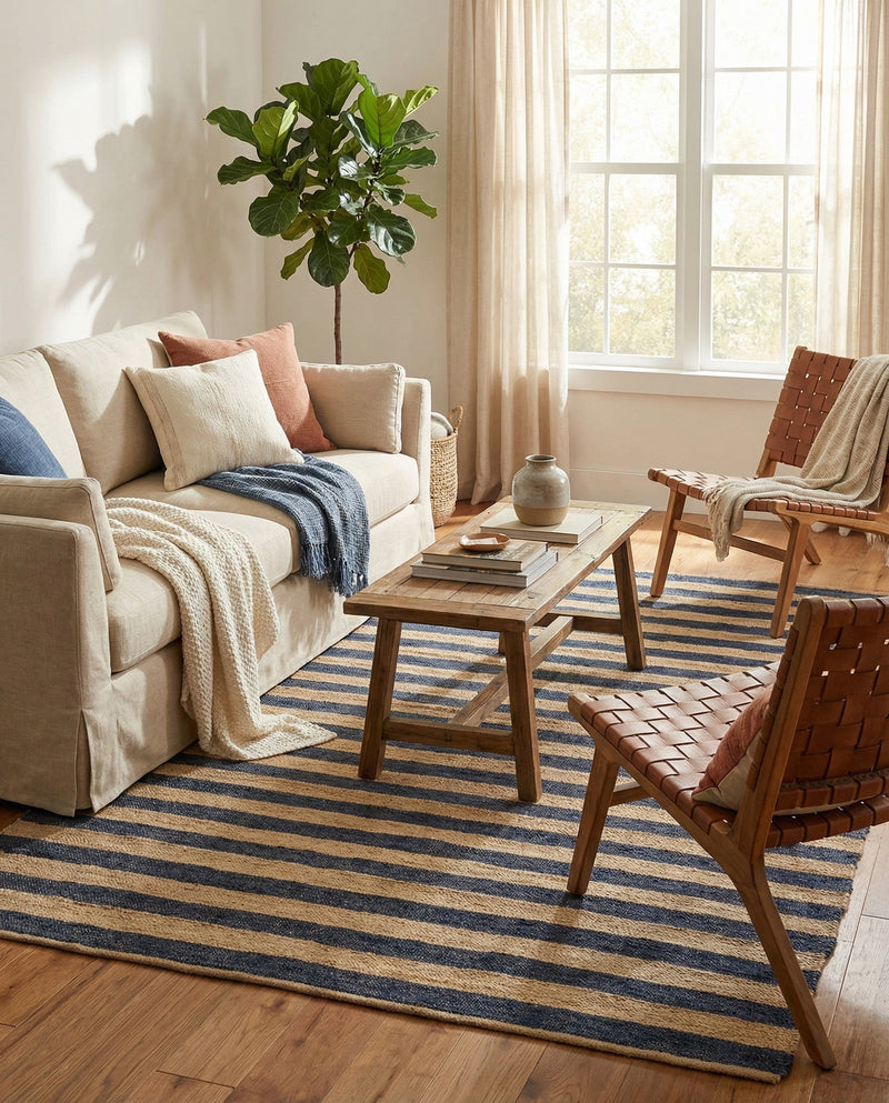 Woven Seaside Jute Collection Area Rug - Nantucket Rectangle Navy Ivory  lifestyle 36