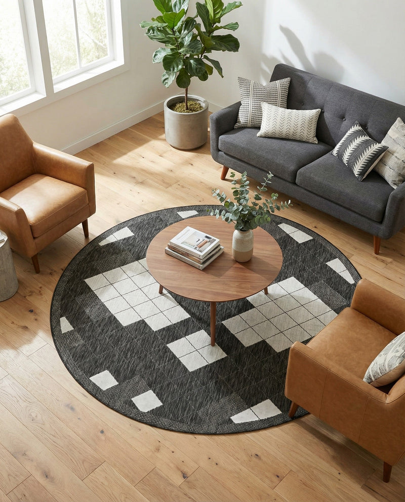 Urban Terrace Collection Area Rug -  Williamsburg Round Black and White  lifestyle 68