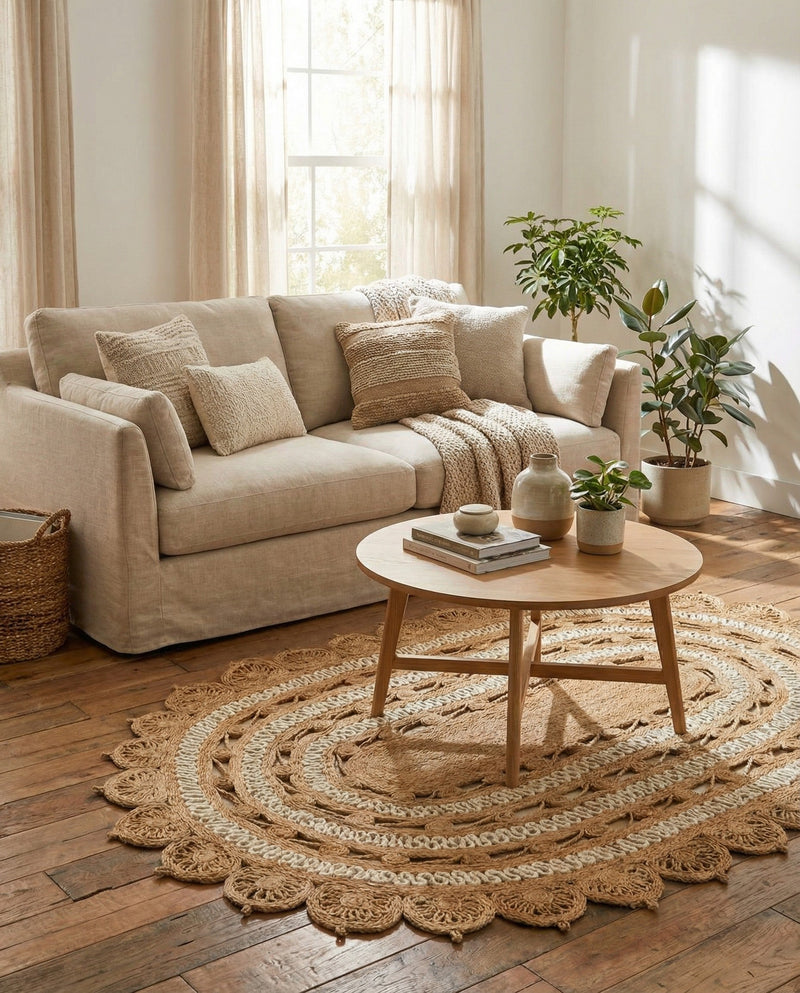 Woven Seaside Jute Collection Area Rug - Coastalhaven (Natural and White) Oval Natural and White  lifestyle 30