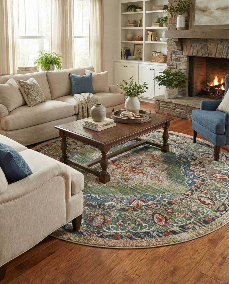 Savannah Soiree Collection Area Rug - Serengeti (Green) Round Green  lifestyle 51