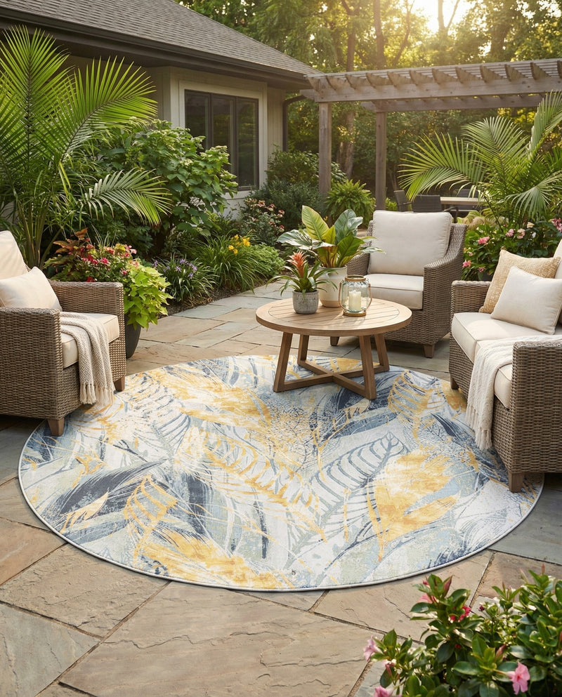 Seaside Blooms Collection Area Rug -  Blossom Round Gray Ivory Yellow  lifestyle 56