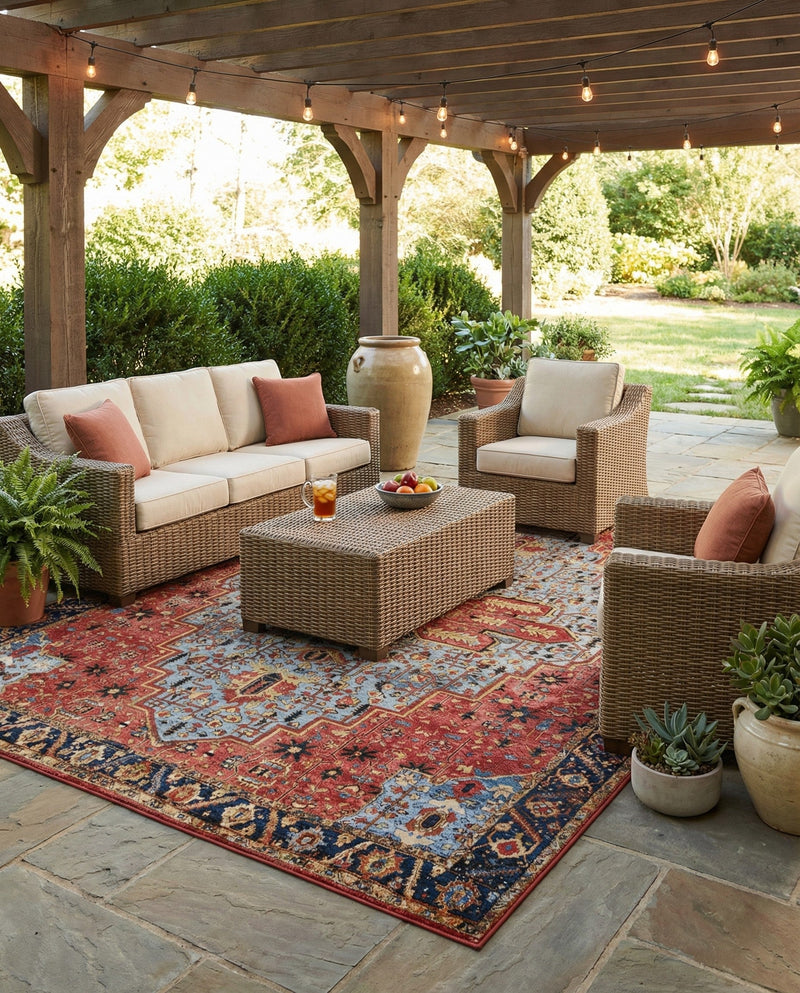 Patio Heritage Collection Area Rug -  Garden Rectangle Rust Red and Blue  lifestyle 19