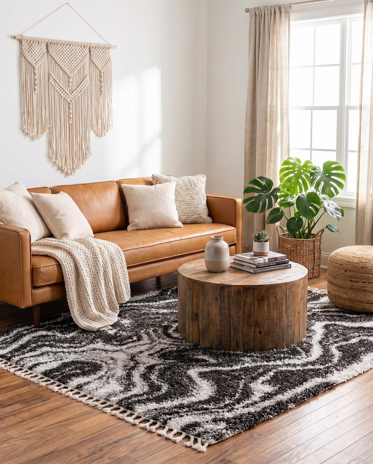 Cozy Cove Shag Collection Area Rug -  Seabreeze Square Black and White  lifestyle 115