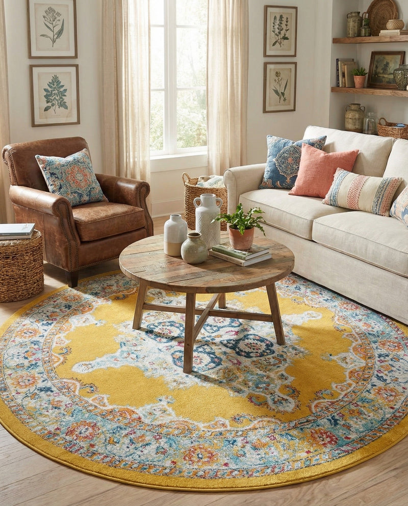 Beverly Grove Collection Area Rug -  Fairfax (Yellow) Round Yellow  lifestyle 53