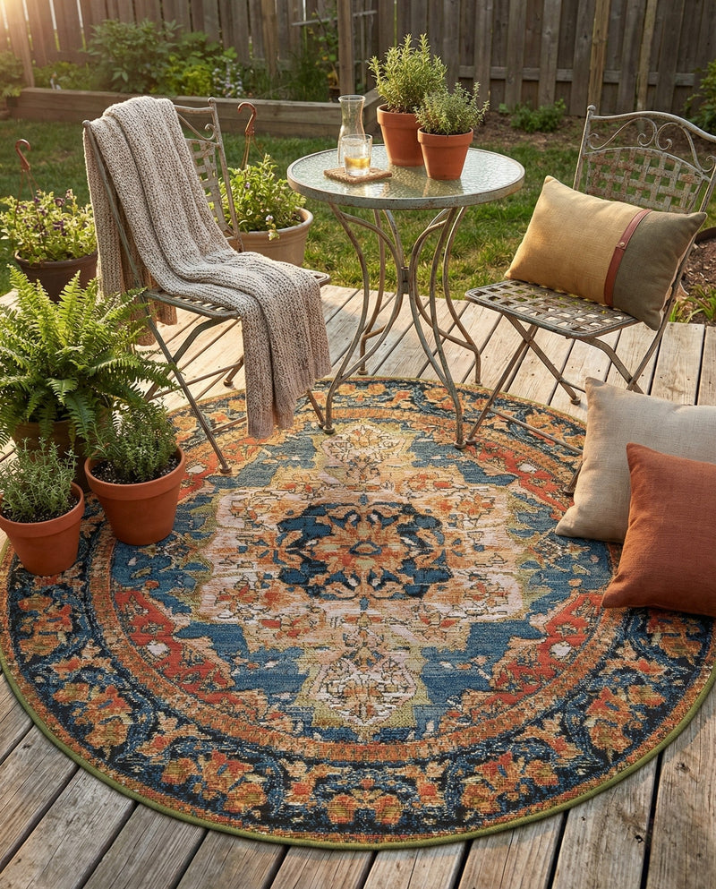 Patio Heritage Collection Area Rug -  Grove Round Navy Blue and Rust Red  lifestyle 65