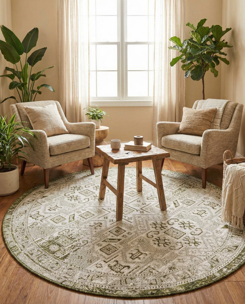 Tribal Terrace Treasures Collection Area Rug - Mayan Marina (Green) Round Green  lifestyle 66