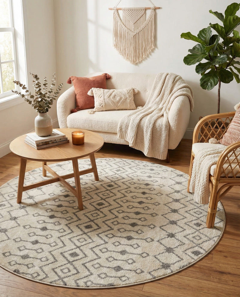 Mediterranean Lattice Collection Area Rug - Santorini (Ivory and Gray) Round Ivory and Gray  lifestyle 66