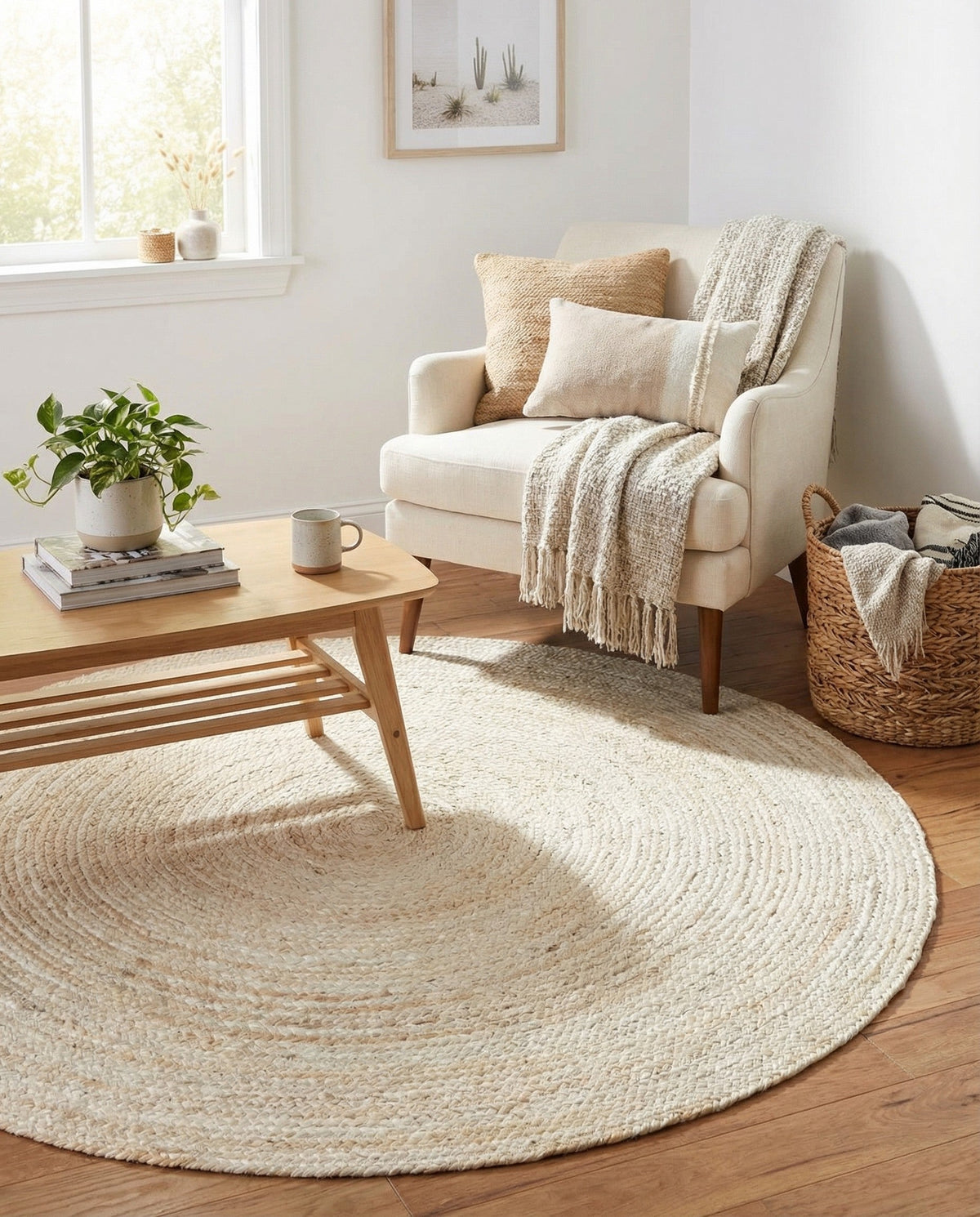 Woven Seaside Jute Collection Area Rug - Savannah (White) Round White  lifestyle 81