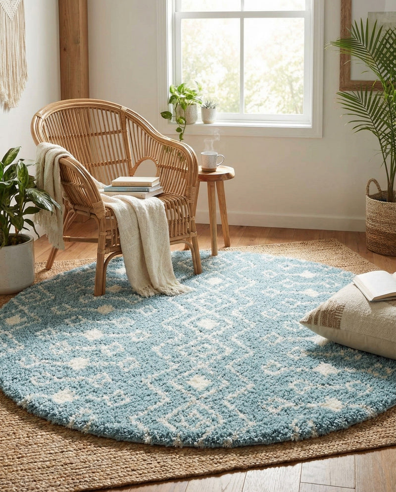 Berber Lattice Shag Collection Area Rug - Atlas (Light Blue) Round Light Blue  lifestyle 56