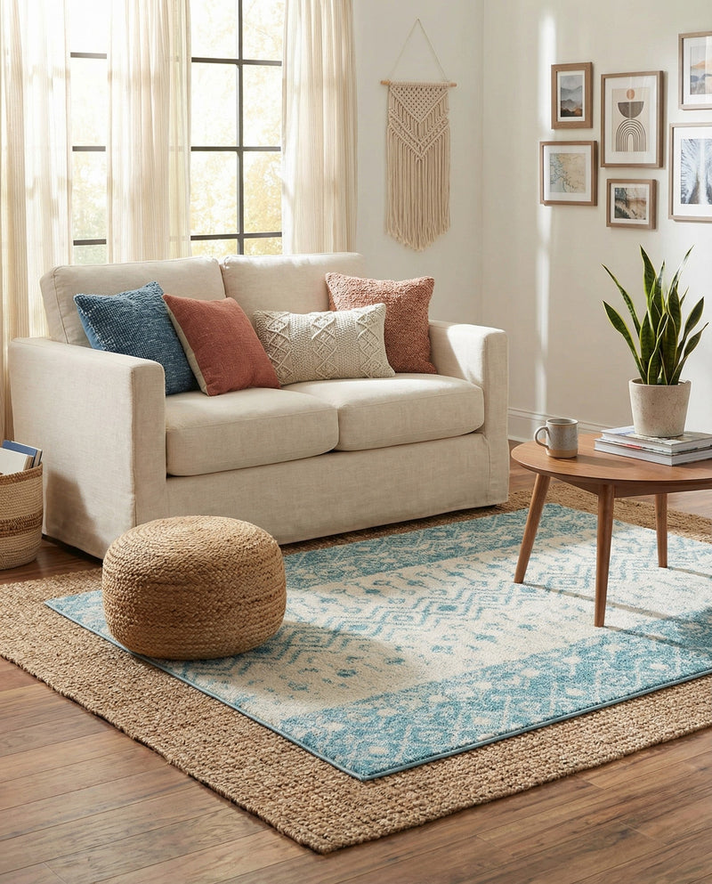 Mediterranean Lattice Collection Area Rug -  Casablanca (Ivory Blue) Square Ivory Blue  lifestyle 57