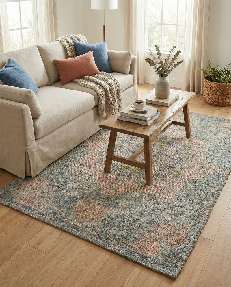 Savannah Threads Collection Area Rug -  Gobi Rectangle Blue and Peach  lifestyle 18