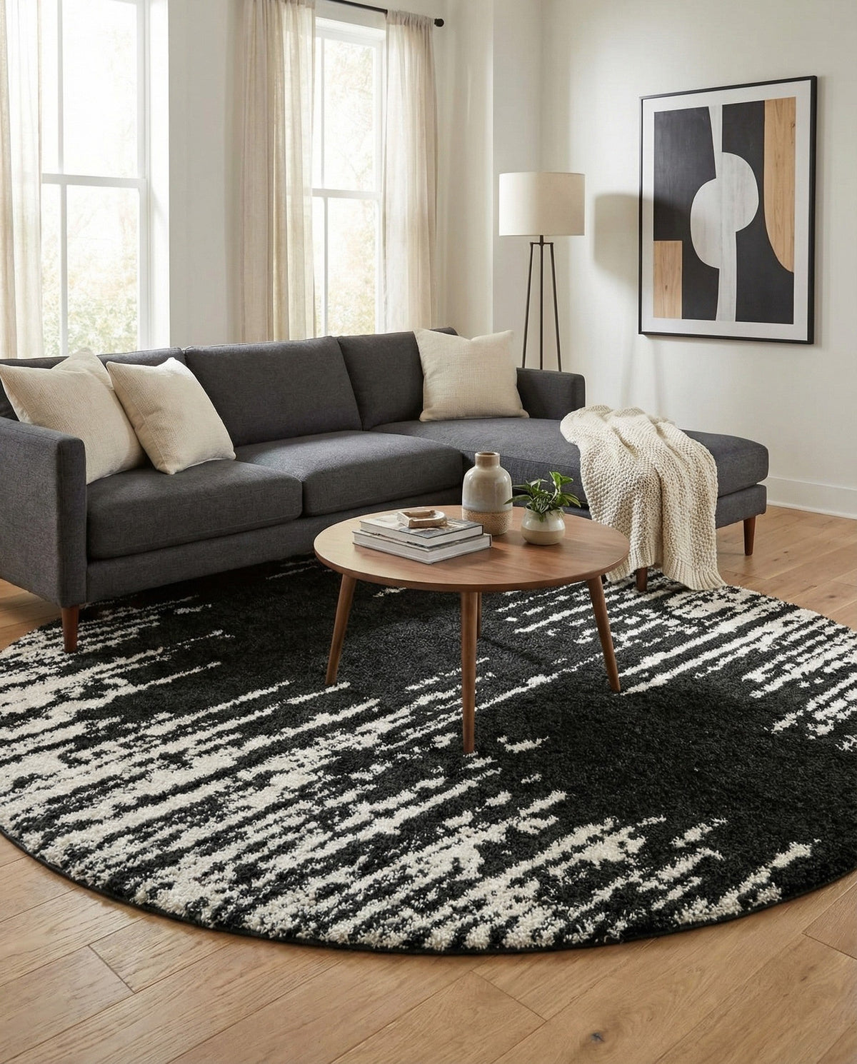 Tranquil Tides Shag Collection Area Rug - Marina Round Black and White  lifestyle 92