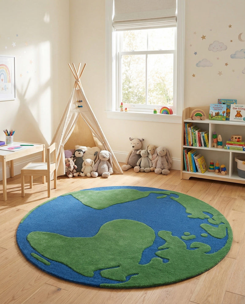 Whimsy Wonders Wool Collection Area Rug -  Island Round Blue and Green  lifestyle 6