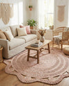 Woven Seaside Jute Collection Area Rug - Nantucket Round Pink and White  lifestyle 10