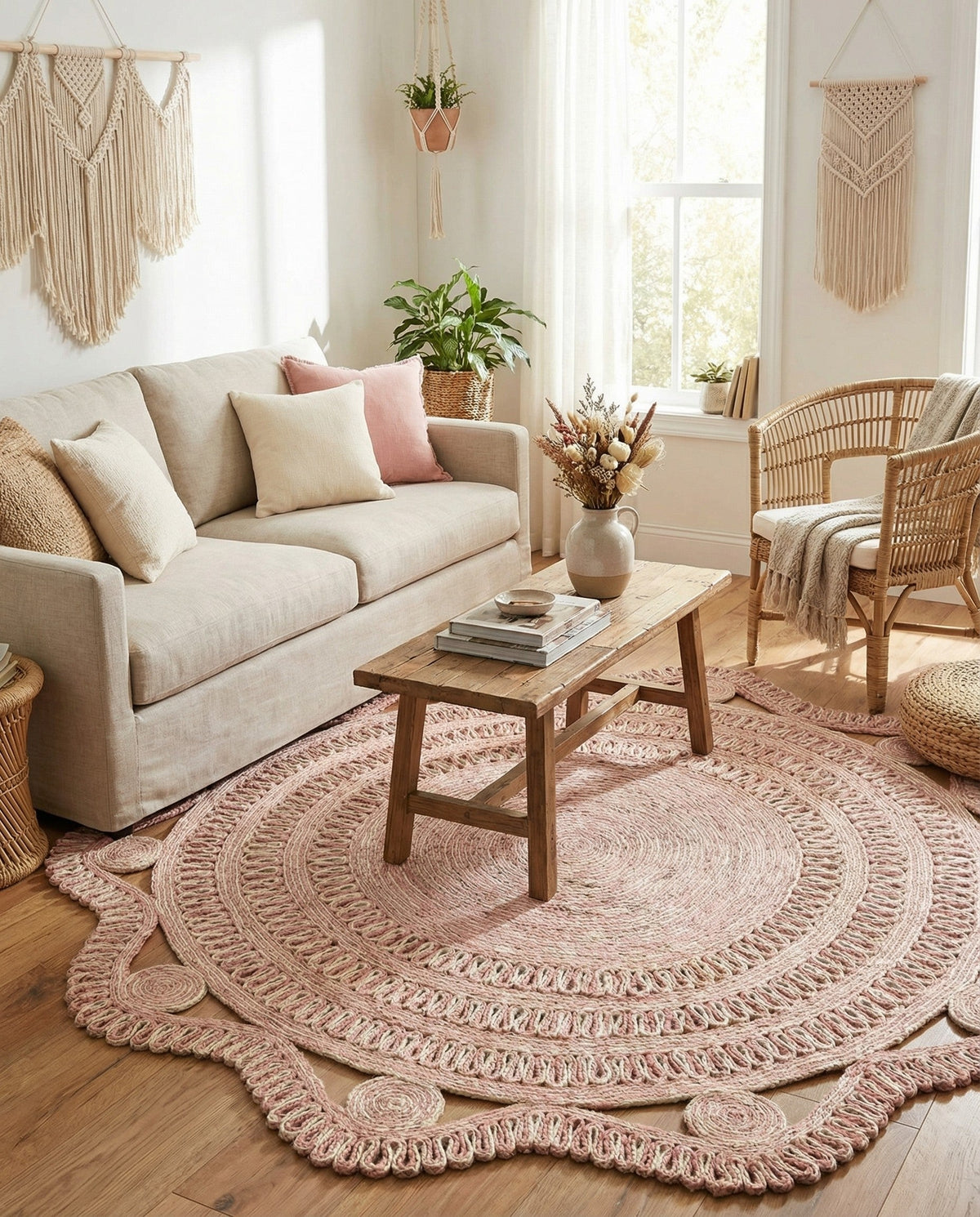 Woven Seaside Jute Collection Area Rug - Nantucket Round Pink and White  lifestyle 10