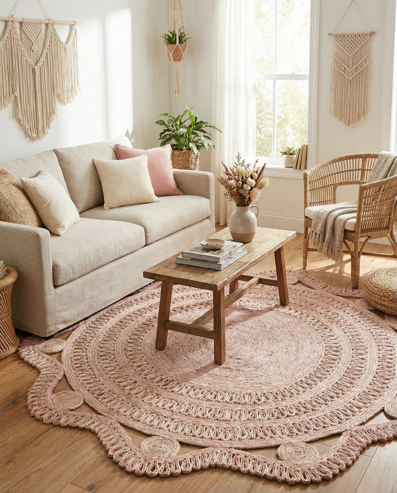 Woven Seaside Jute Collection Area Rug - Nantucket Round Pink and White  lifestyle 10