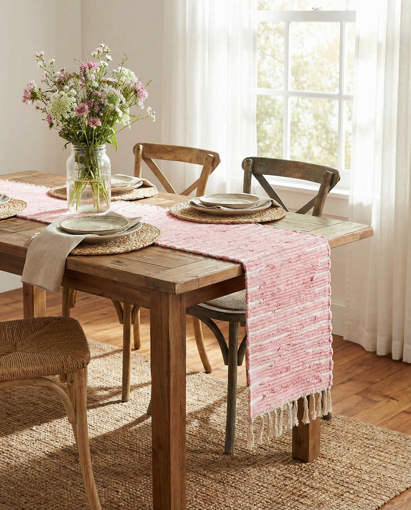 Thar Cotton Collection Area Rug - Jaisalmer (Rose) Table Runner Rose  lifestyle 60