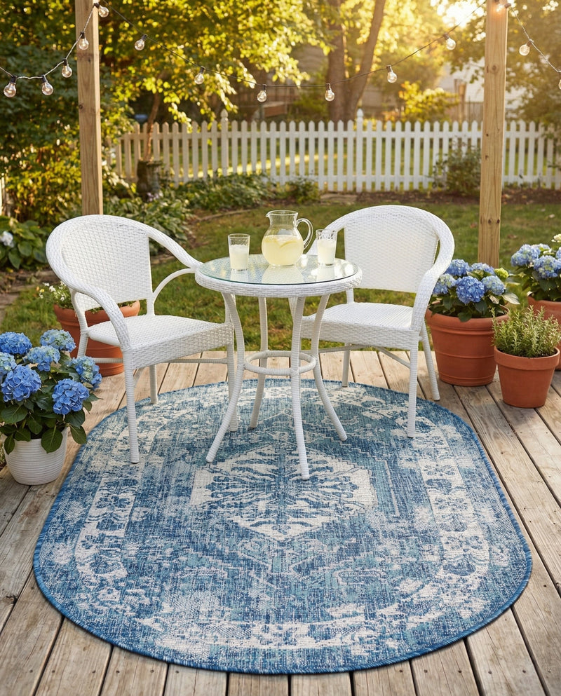Patio Heritage Collection Area Rug -  Augusta (Blue) Oval Blue  lifestyle 63