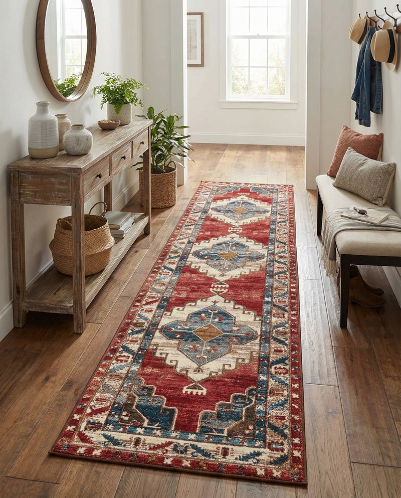 Patio Heritage Collection Area Rug -  Alcove Runner Red and Navy Blue  lifestyle 68