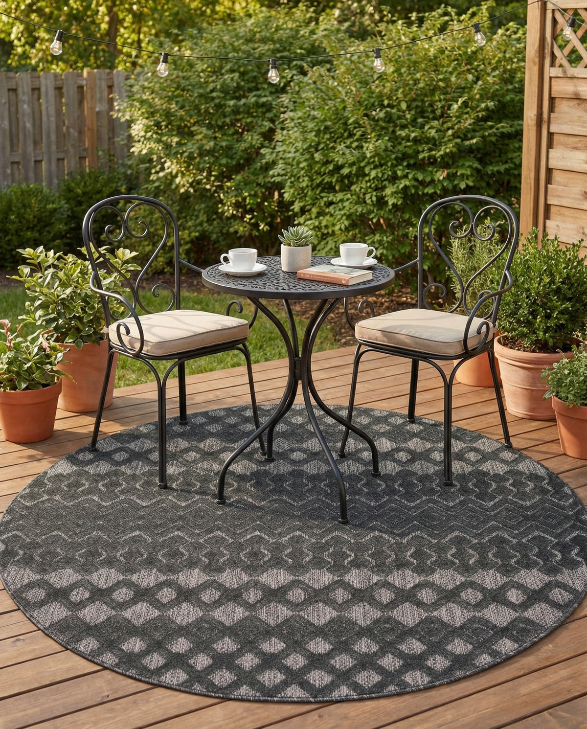 Garden Lattice Charm Collection Area Rug -  Pergola (Charcoal) Round Charcoal  lifestyle 41