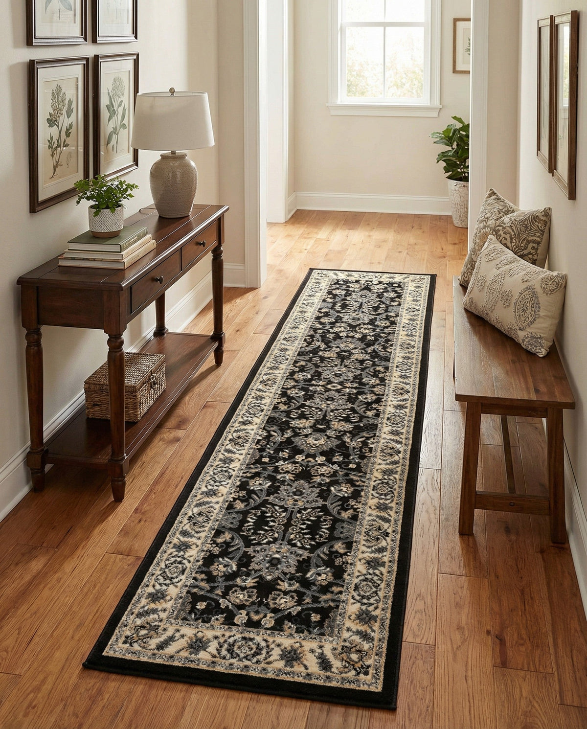 Isfahan Elegance Collection Area Rug - Naghsh-e Jahan (Black) Runner Black  lifestyle 84