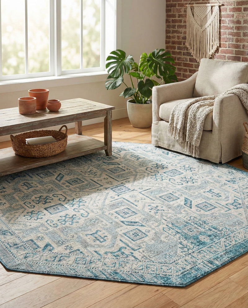 Tribal Terrace Treasures Collection Area Rug - Mayan Marina (Teal) Octagon Teal  lifestyle 32