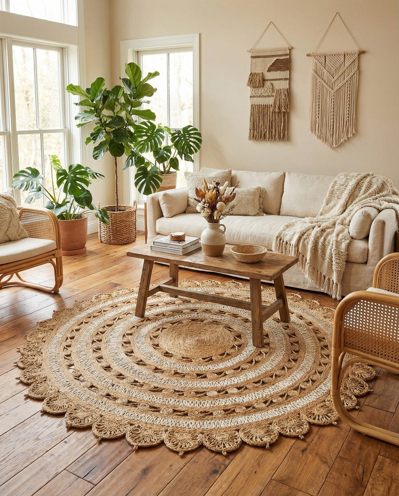Woven Seaside Jute Collection Area Rug - Coastalhaven (Natural and White) Round Natural and White  lifestyle 7