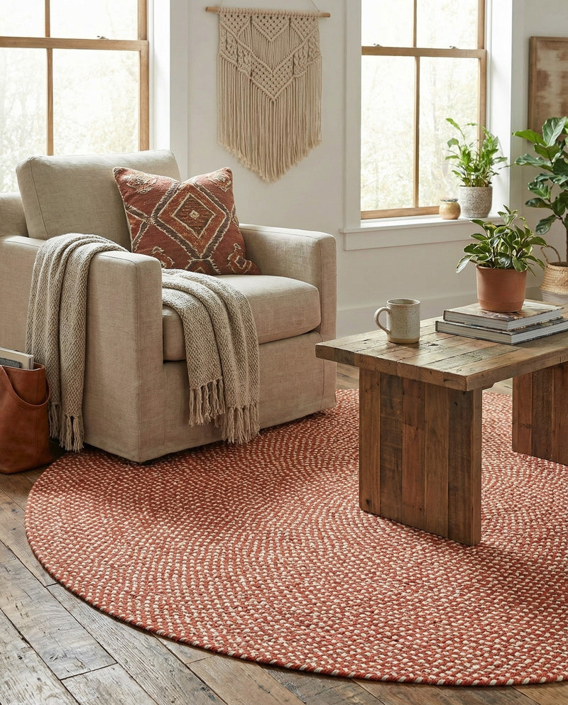 Highland Woven Jute Collection Area Rug - Glenmore (Rust Red) Round Rust Red  lifestyle 39
