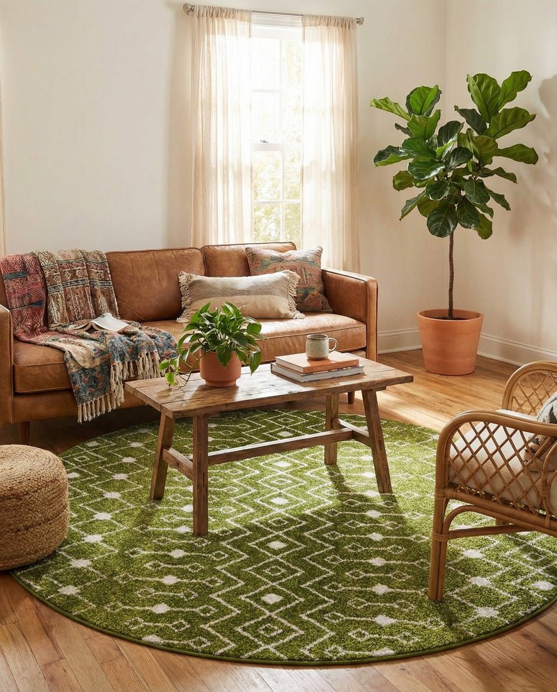 Mediterranean Lattice Collection Area Rug - Santorini (Green) Round Green  lifestyle 25