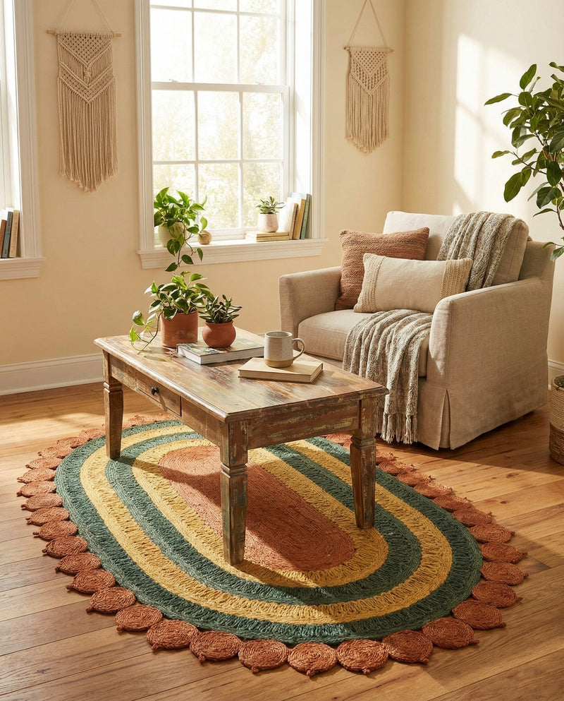 Woven Seaside Jute Collection Area Rug - Coastalhaven (Orange Green Yellow) Oval Orange Green Yellow  lifestyle 6