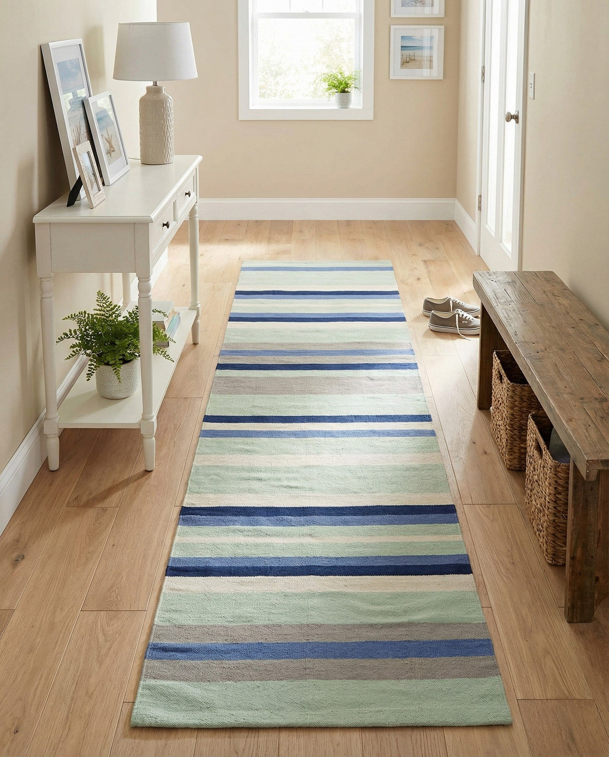 Coastal Stripe Dhurrie Collection Area Rug - Seashore Runner Aqua Blue and Gray  lifestyle 95