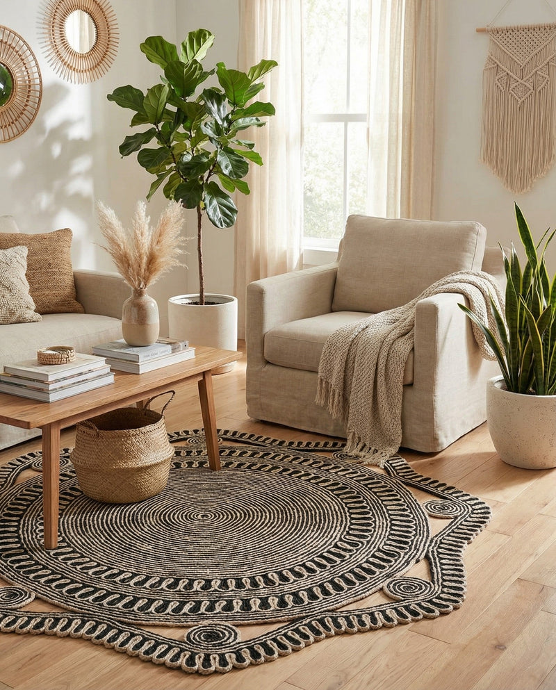 Woven Seaside Jute Collection Area Rug - Nantucket Round Black and White  lifestyle 50