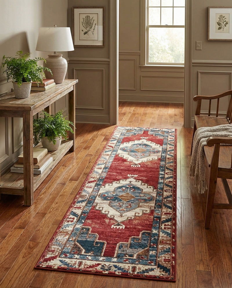 Patio Heritage Collection Area Rug -  Alcove Runner Red and Navy Blue  lifestyle 71