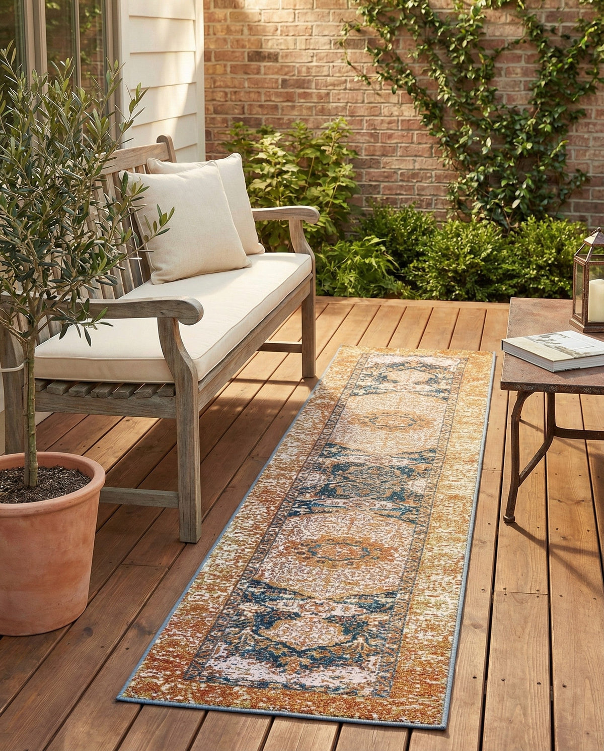 Patio Heritage Collection Area Rug -  Courtyard Runner Navy Blue and Light Pink  lifestyle 101