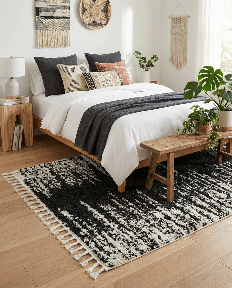 Tranquil Tides Shag Collection Area Rug - Marina Rectangle Black and White  lifestyle 11