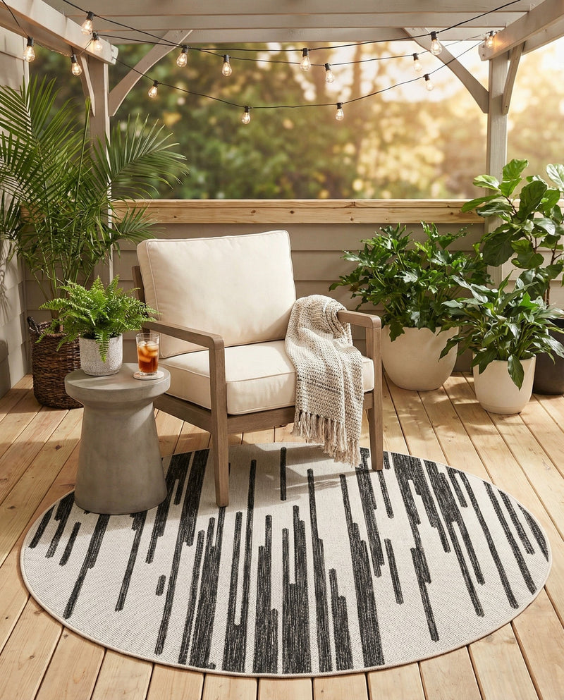 Urban Terrace Collection Area Rug -  Riverside Round Black and White  lifestyle 59