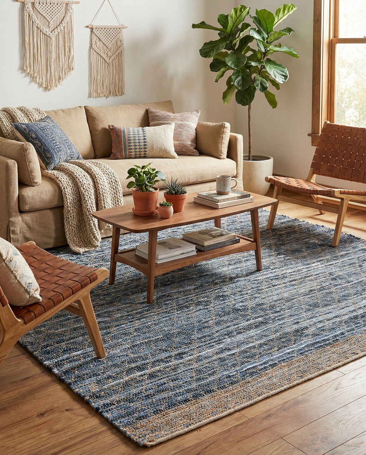 Tulum Trellis Collection Area Rug - Shoreline Square Denim blue  lifestyle 165
