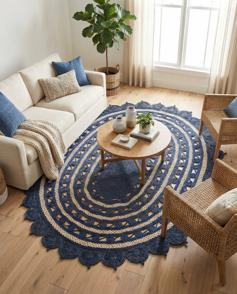 Woven Seaside Jute Collection Area Rug - Coastalhaven (Navy Blue and White) Oval Navy Blue and White  lifestyle 35