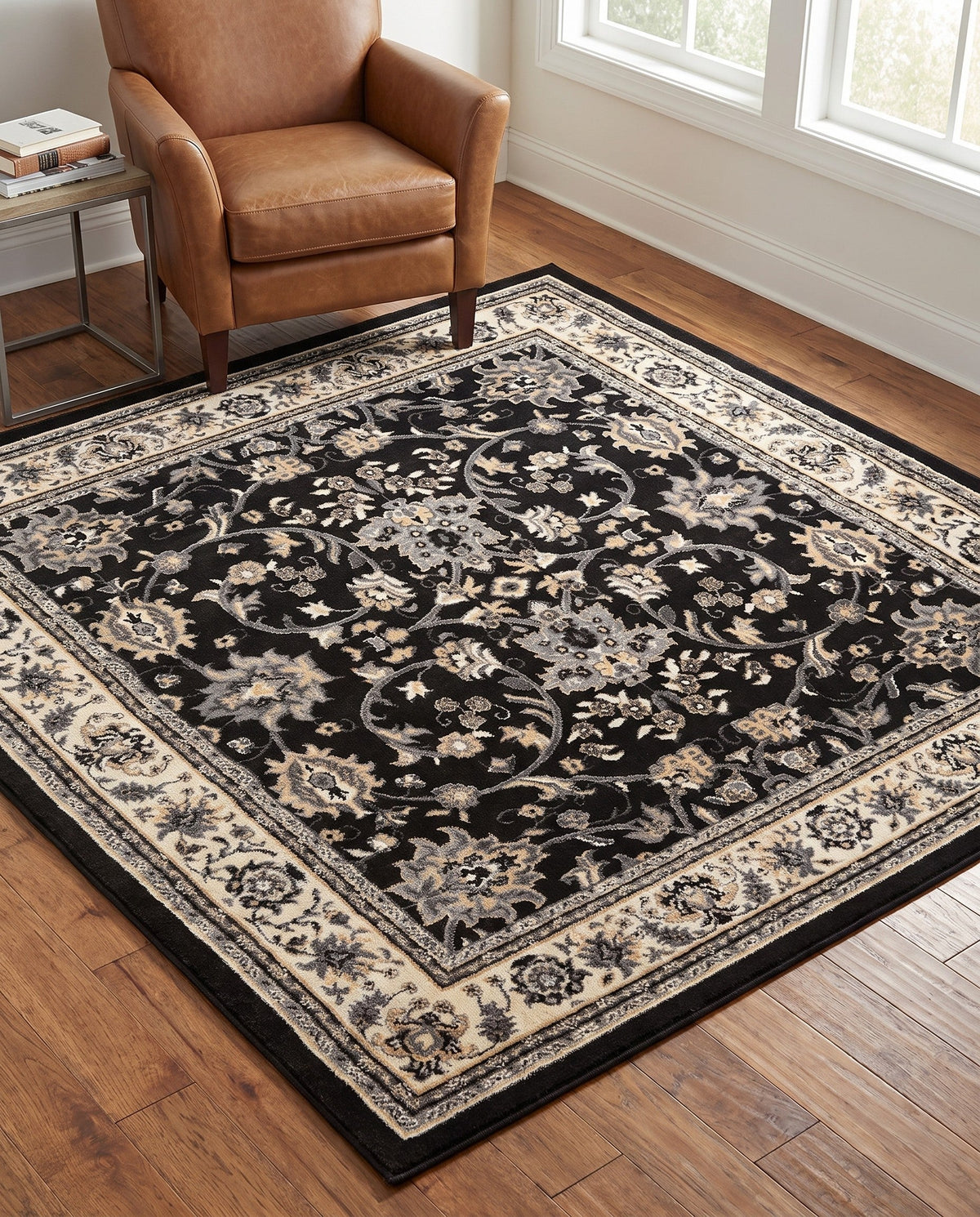 Isfahan Elegance Collection Area Rug - Naghsh-e Jahan (Black) Square Black  lifestyle 141