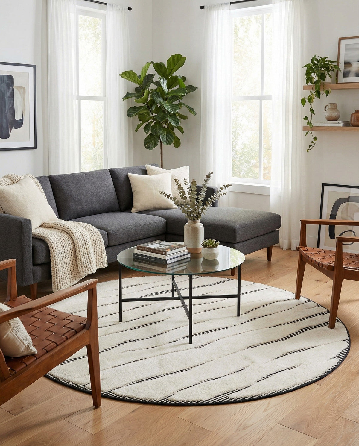 Monochrome Collection Area Rug - Slate Round Ivory White  lifestyle 81