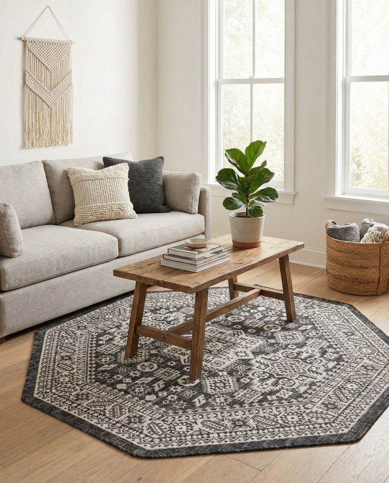 Tribal Terrace Treasures Collection Area Rug -  Incan Isle (Charcoal Gray) Octagon Charcoal Gray  lifestyle 37