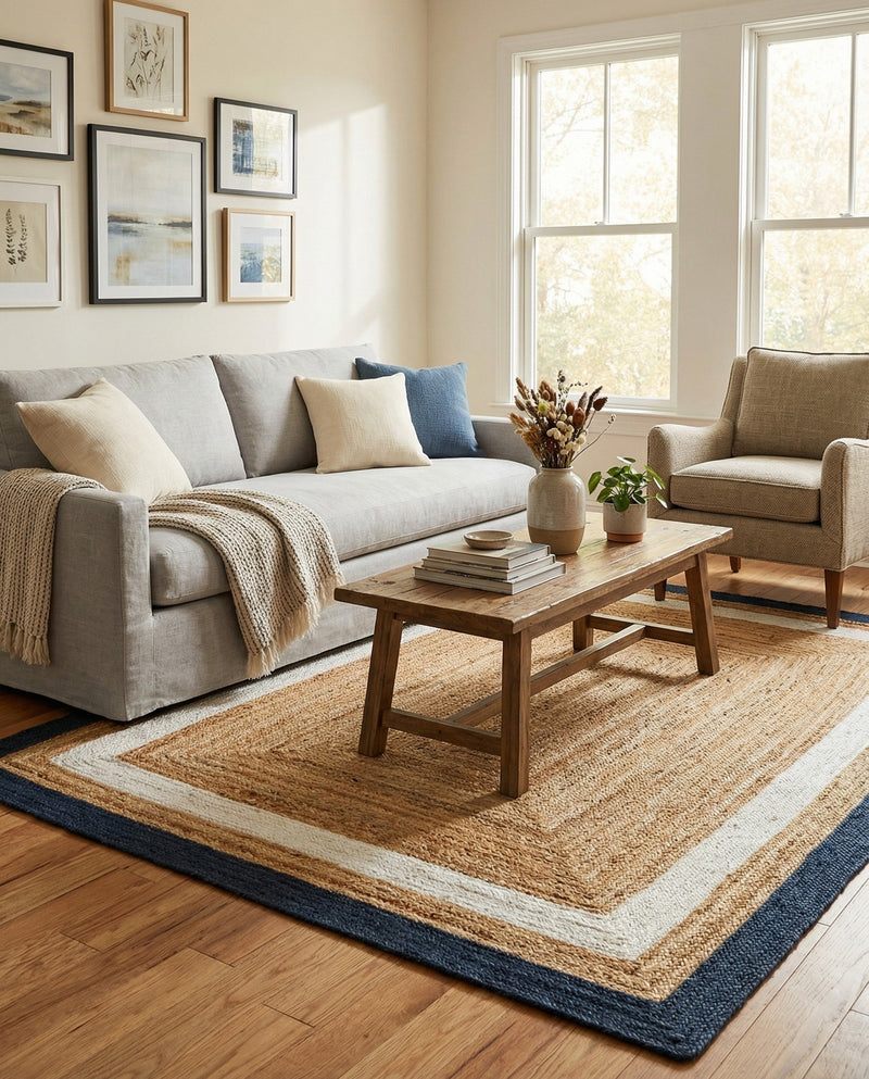 Woven Seaside Jute Collection Area Rug - Nantucket Rectangle Navy Blue White Natural  lifestyle 6