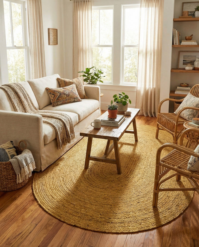 Woven Seaside Jute Collection Area Rug - Savannah (Yellow) Oval Yellow  lifestyle 46