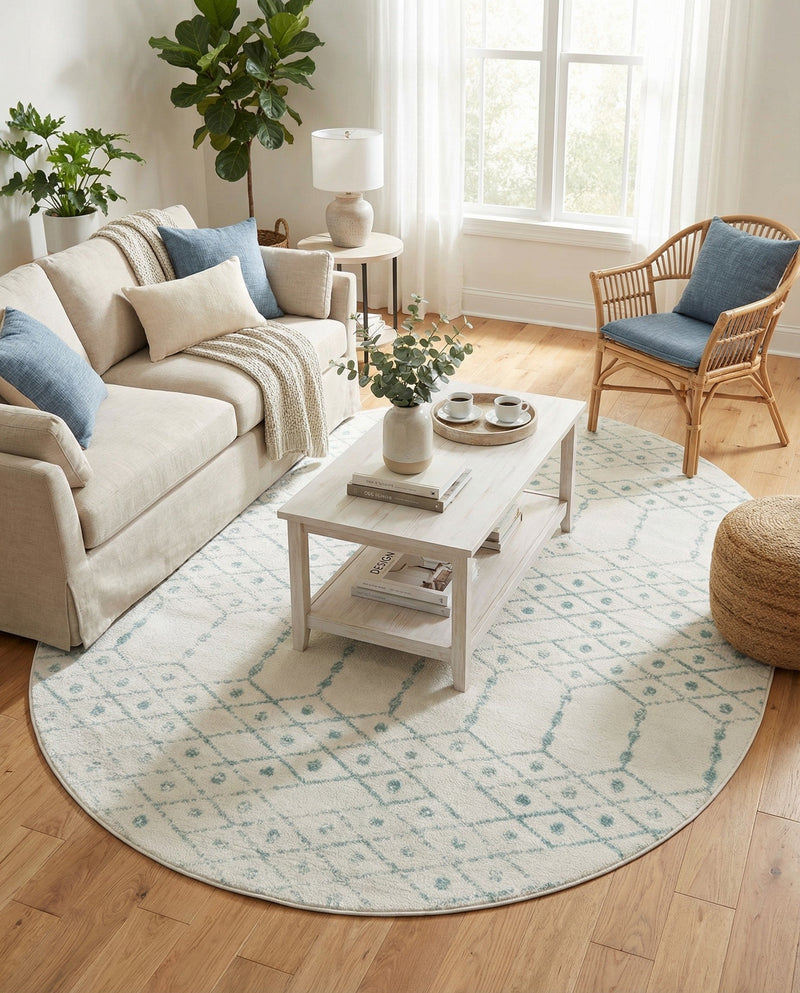 Marrakesh Lattice Collection Area Rug - Casablanca (Ivory Aqua) Oval Ivory Aqua  lifestyle 39