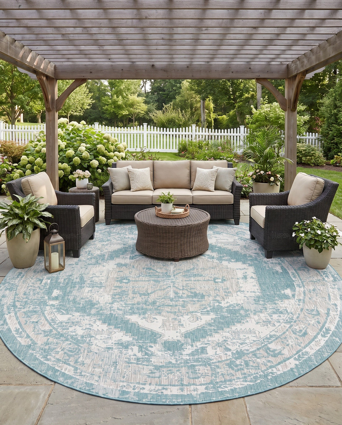 Patio Heritage Collection Area Rug -  Augusta (Aqua) Round Aqua  lifestyle 112